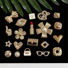 20件套时尚鞋花配件 DIY蝴蝶结爱心鞋饰串珠，适用于木屐、沙滩包、节日和假期、情人节礼物 - 金色 - 查看 6