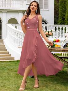 MIUSOL 深V领蕾丝亮片荷叶边高低摆雪纺正式派对长裙，适合婚礼宾客、毕业典礼、春季晚宴等场合。 - 藕粉色 - 查看 7