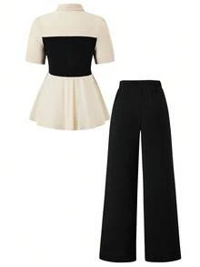 Costum casual 2 buc Plus Size pentru femei, cu volane în culori contrastante, top și pantaloni, elegant de vară, elastic - Caisă și Negru - Vizualizare 2