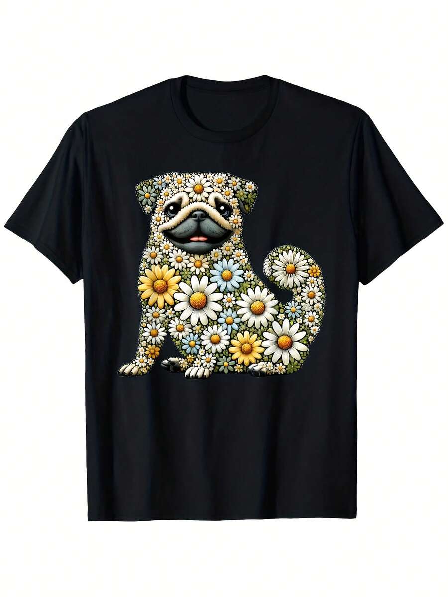 Camiseta floral de carlino para hombre: perro negro con margaritas, ligera, de algodón de 180 g, ideal para amantes de las mascotas, fiestas en el jardín y ropa informal (tallas S-XXXL). Regalo perfecto para dueños de carlinos. - Negro 10 - Ver 1