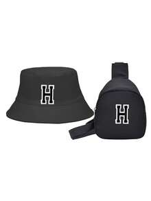 2件套字母A-Z可爱婴儿渔夫帽和包包，男女童儿童遮阳帽，户外儿童巴拿马帽，服装配饰 - 黑色 - 查看 7