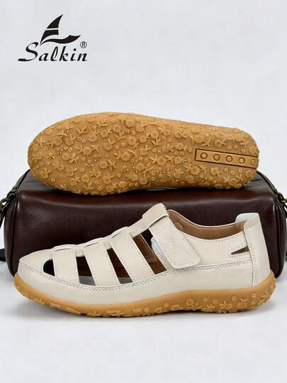 Salkin 时尚复古夏季女士凉鞋，纯色简约露趾，带来舒适的户外感觉，平底凉鞋，仿皮芭蕾平底鞋，尺码偏小，建议订购大一码，夏季返校鞋，学院风，防滑休闲户外步行鞋，柔软舒适的皮革，适合搭配牛仔裤、裙子、节日礼物、度假风格