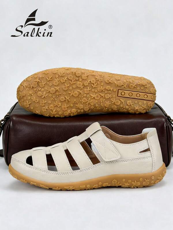 Salkin 时尚复古夏季女士凉鞋，纯色简约露趾，带来舒适的户外感觉，平底凉鞋，仿皮芭蕾平底鞋，尺码偏小，建议订购大一码，夏季返校鞋，学院风，防滑休闲户外步行鞋，柔软舒适的皮革，适合搭配牛仔裤、裙子、节日礼物、度假风格