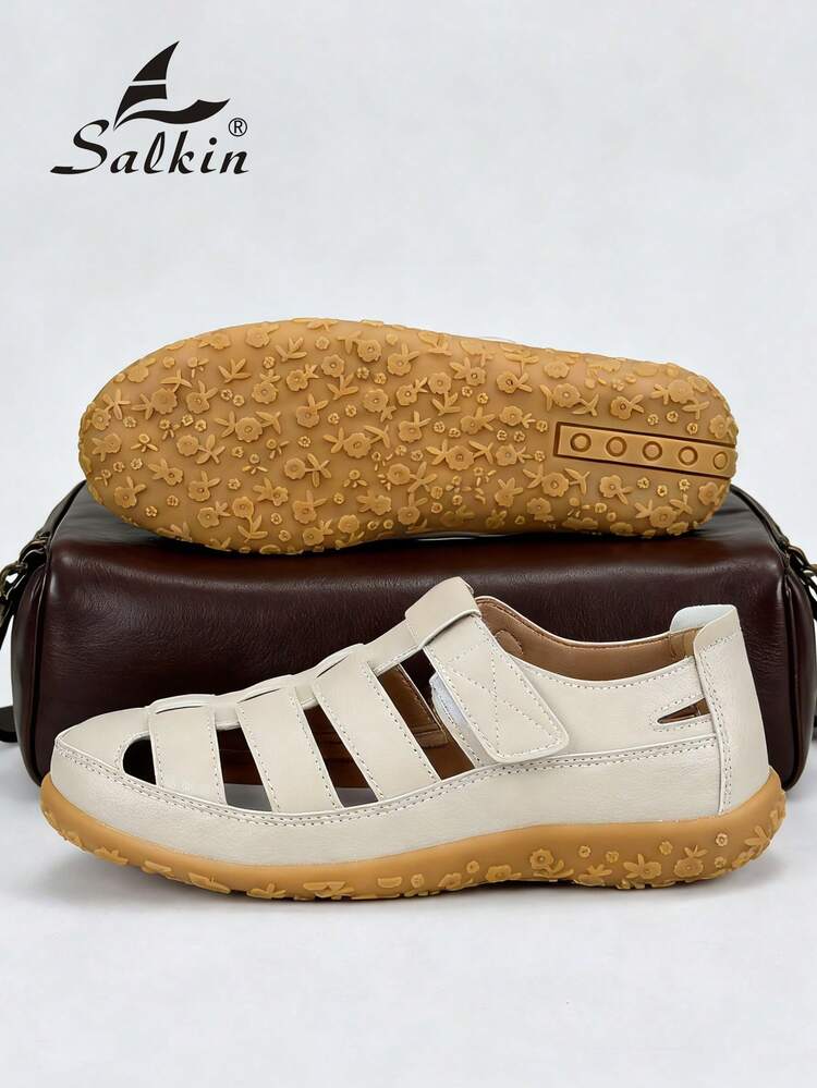 Salkin 时尚复古夏季女士凉鞋，纯色简约露趾，带来舒适的户外感觉，平底凉鞋，仿皮芭蕾平底鞋，尺码偏小，建议订购大一码，夏季返校鞋，学院风，防滑休闲户外步行鞋，柔软舒适的皮革，适合搭配牛仔裤、裙子、节日礼物、度假风格 - 米色 - 查看 1