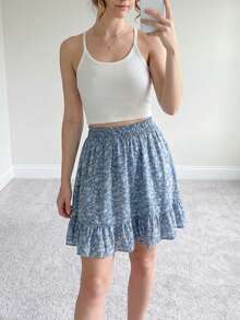 Ditsy Floral Ruffle Hem Casual Skirt, Spring/Summer - Blue - View 1