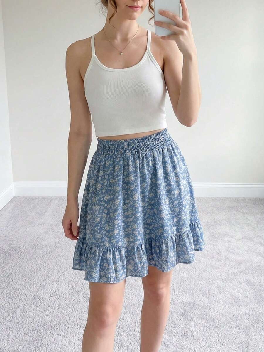 Ditsy Floral Ruffle Hem Casual Skirt, Spring/Summer - Blue - View 1