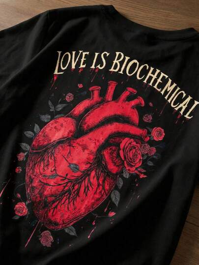 女士爱心印花圆领短袖常规版型T恤，适合春夏穿着