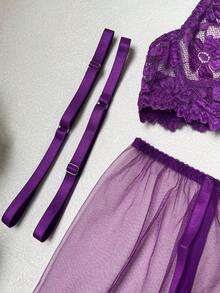 Women's Lace Lingerie Set, Floral Lace Bra & Garter Belt, Sexy Sheer Adjustable Strap Underwear - Purple - View 10