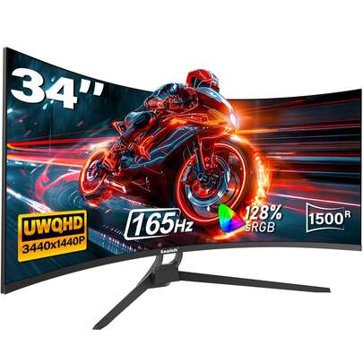 GAWFOLK 2026 New 34-Inch Ultra-Wide Curved Gaming Monitor, 4K UHD 165Hz Refresh Rate, 1500R, AMD FreeSync Premium, IPS Panel, USB-C & DP Ports, Ultra Slim, Eye Care, Built-In Speakers - For Work And PC/Console Gaming. It Is The Perfect Gift Choice For Men Girl,Valentine's Day Gift