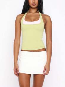 Women's Faux Layer Halter Top No Proof Double Layer Slim Fit Tank Tops Y2K Color Block Open Back Scoop Neck Crop Tops Summer Sleeveless Vest Casual T Shirt Cute Tee For Club Going Out Outfit - màu xanh lá - Xem 1