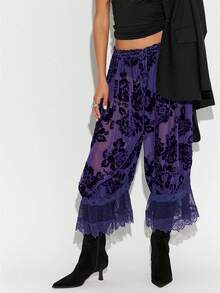 Women's Y2K Floral Devore Lace Trim Long Bloomers Elastic Mid Rise Flared Ruffle Pantaloons Pajama Bottoms - Purple - View 1