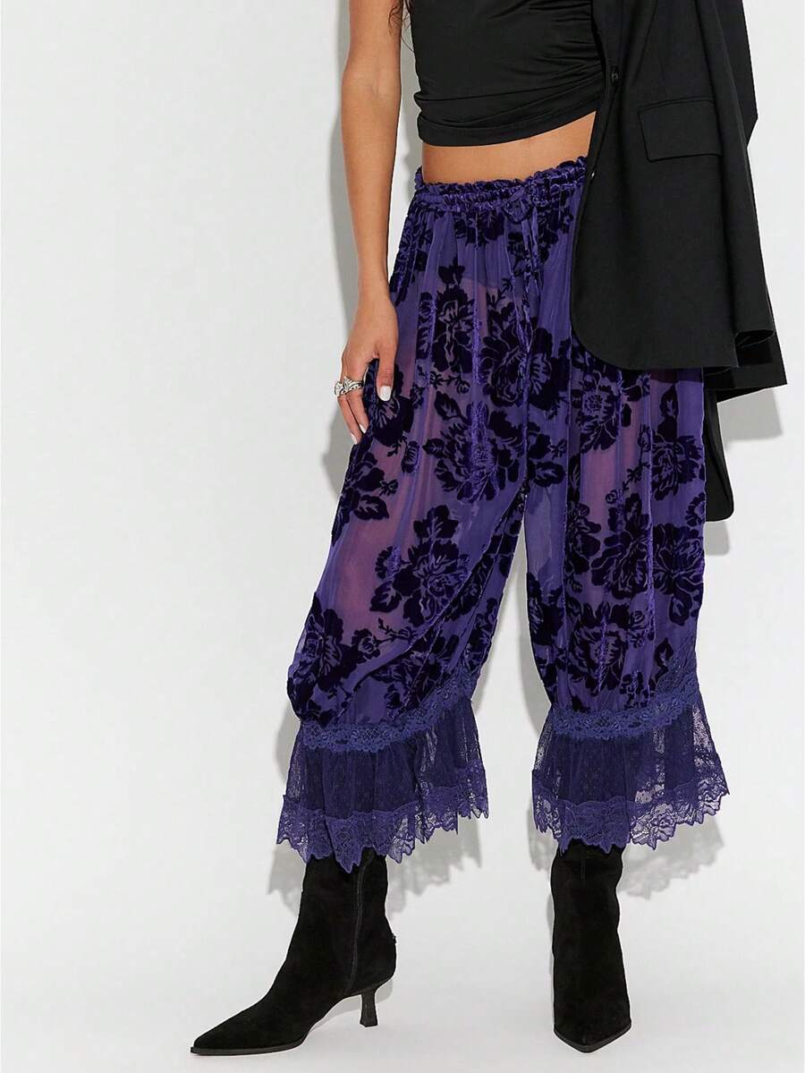 Women's Y2K Floral Devore Lace Trim Long Bloomers Elastic Mid Rise Flared Ruffle Pantaloons Pajama Bottoms - Purple - View 1