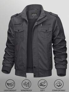 KEFITEVD Men's Military Lightweight Jacket Cargo Windbreaker Zip Front Stand Collar Cotton Jackets With Multi Pockets - Grey - View 1