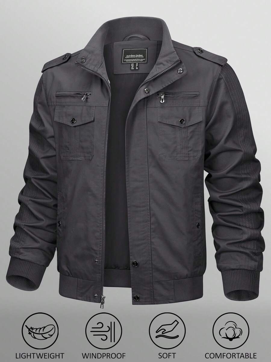 KEFITEVD Men's Military Lightweight Jacket Cargo Windbreaker Zip Front Stand Collar Cotton Jackets With Multi Pockets - Grey - View 1