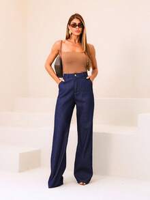 Manon Store Women's Wide Leg Tailored High Waist Elegant Casual Jeans With Zipper, Pocket, Button, For Office, Country Music Concert, Stage And Concert, Night, Travel, Formal And Evening, Autumn/Winter - 深色水洗藍 - 查看 3