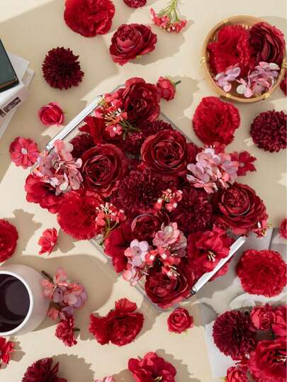 Juego de flores artificiales rojas mixtas - Dalia, Rosa, Margarita, Cabezas de margarita pequeñas multicolores, adecuadas para corona de flores DIY, guirnalda, boda, hogar, sala de estar, decoración de mesa, decoración de pasteles, Día de San Valentín, Día de la Madre, decoración de primavera, regalo para mujeres, niñas, esposa