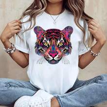 Adesivos termocolantes coloridos com estampa de cabeça de tigre, ideais para tecidos e aplicações têxteis, perfeitos para confecção de roupas, camisetas e decoração de almofadas. - Multicolorido - Visão 1