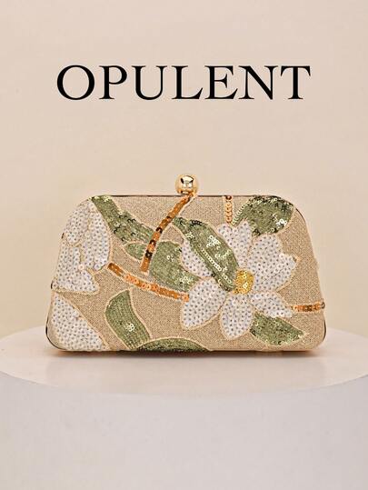 1pc Elegant Shiny Multi-Color Leaf & Floral Patchwork Crossbody Bag, Vintage Chain Strap Evening Clutch, Mini Square Box Handbag, Suitable For Party Girls, Brides, College Students, Young Professionals, Versatile For Gatherings, Dances, Weddings, Perfectly Matches Party Accessories, Pattern Sent Randomly