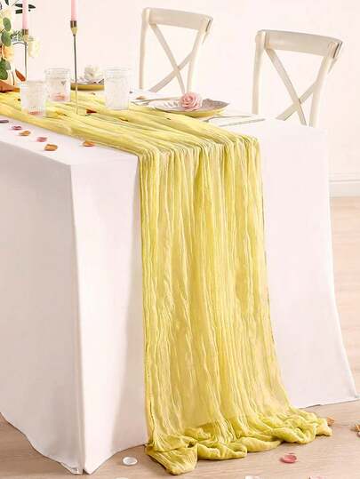 1Pc Yellow Cheesecloth Table Runner,Boho Style Table Cover,90*180/90*400cm Fabric Long Gauze Tablecloth,Baby Shower Supplies,Birthday Party Decoration Supplies,Baby Party Decorations,Desktop Decorations,Dining Table Decor,Wedding Decor,Bridal Shower Supplies,Home Decor,Chair Decor,Dresser Decor,Spring Party Supplies