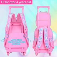 3 Piezas Mochila con Ruedas para Niñas, Mochila Escolar con Ruedas para Niños, Mochila con Ruedas con Diseño de Zorro para Primaria, Preescolar, Jardín de Infantes (Rosa) - Rosa - Ver 5
