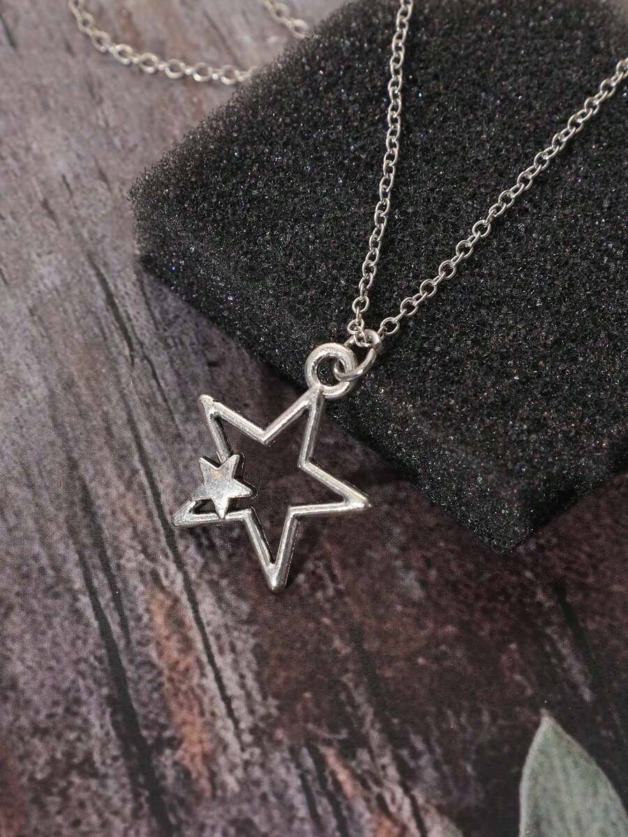 复古哥特风星星项链，个性化韩版银色星星项链，毛衣链，Y2K 女式项链 - 銀色 - 查看 1