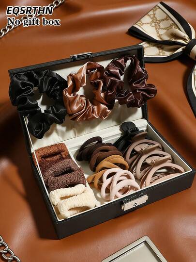 低饱和度防滑发饰套装，多齿夹子可牢固夹住中长发/浓密头发，缎面/毛绒发圈不伤发，适合各种发型/半扎发，包含夹子和多款发圈，适合秋冬通勤/居家造型/闺蜜聚会，是送给朋友生日的实用质感礼物，沙滩发夹。