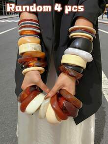 复古优雅复古硬币灵感13件套个性化创意高端蓝、棕、绿、透明渐变印花弹力竹结不对称树脂亚克力手链套装，简约清新甜美奢华Y2K风格，男女皆宜，四季皆宜，适合度假、派对、约会、送礼、日常佩戴，百搭饰品（款式随机） - 彩色 - 查看 13