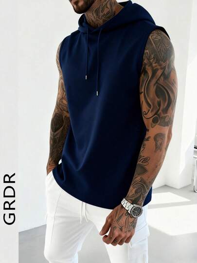  Camiseta de tirantes con capucha de unicolor para hombre GRDR, estilo deportivo casual, de moda y minimalista para atuendos deportivos de verano