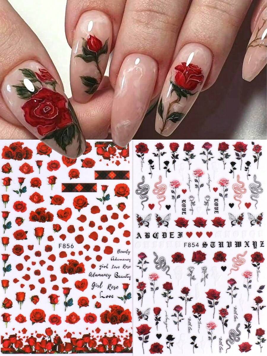 2pcs Valentine'S Day Nail Stickers With Butterfly Rose Flower Snake Red Lips Design DIY Nail Art Decorations Tips For Girls - 彩色 - 查看 1