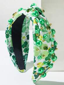 St. Patrick's Day Headband With Printed Clover, Faux Pearls Decor, Holiday Hair Accessory - Big Leaf - View 1
