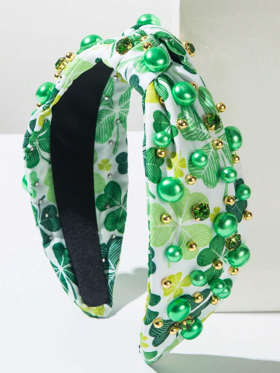 St. Patrick's Day Headband With Printed Clover, Faux Pearls Decor, Holiday Hair Accessory - Big Leaf - View 1