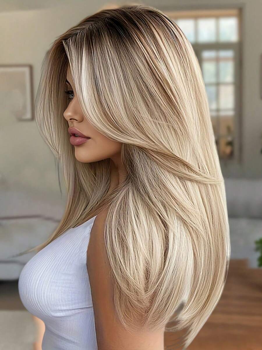 Ombre Blonde Layered Straight Wigs Dark Roots With Bangs Shoulder Synthetic Fashion Style Lightweight Beginner Friendly Wigs For Woman Daily, Party, Valentine'S Day, Carnivals, Music Festival And Cosplay Used - 漸層 - 查看 1