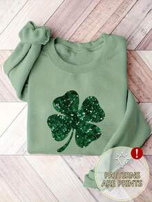 Women's Autumn/Winter Four-Leaf Clover Print Fashionable Sweatshirt | Green Loose Long Sleeve Sweatshirt, Suitable For Graduation Season, Back To School Season And Teacher's Day | Women's Autumn Clothing, Women's Tops, Women's Holiday Clothing, Valentine's Day Tops, Women's Valentine's Day Clothing, Women's Vacation Clothing, Valentine's Day Clothing, Women's Holiday Clothing, Women's Office Clothing, St. Patrick's Day, Holiday Outfits - Mint Green - View 3