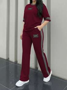 两件套女士春秋季圆领短袖T恤和松紧腰宽松裤套装，休闲日常穿着 - 酒紅色199 - 查看 3