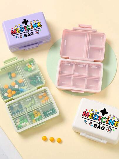 1个卡通图案小药盒，印有可爱的药丸图案和“药袋”字样。这款便携式药盒小巧轻便，易于携带，防水，九格设计，容量大，可收纳各种小物件，适合旅行、外出、居家使用，是药品收纳的理想之选，也是送给病人、斋月、开斋节、情人节、圣诞节和感恩节的最佳礼物。