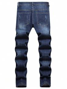 Men's Jeans Distress Hall  Streetwear Purple Jeans Panta Ronde Ombre Western Style Red White Stripe Middle Waist Elastic Casual Cotton Wash Processed Blue Denim - 藍色 - 查看 4