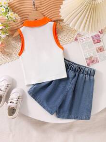 2pcs Young Girl 3D Floral Knit Colorblock Polo Top And Denim Ruffle Skort Set, Summer - Orange - View 3
