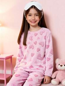 Teddy Plush Winter Pajamas For Kids - Pink Heart - Hot Pink - View 5