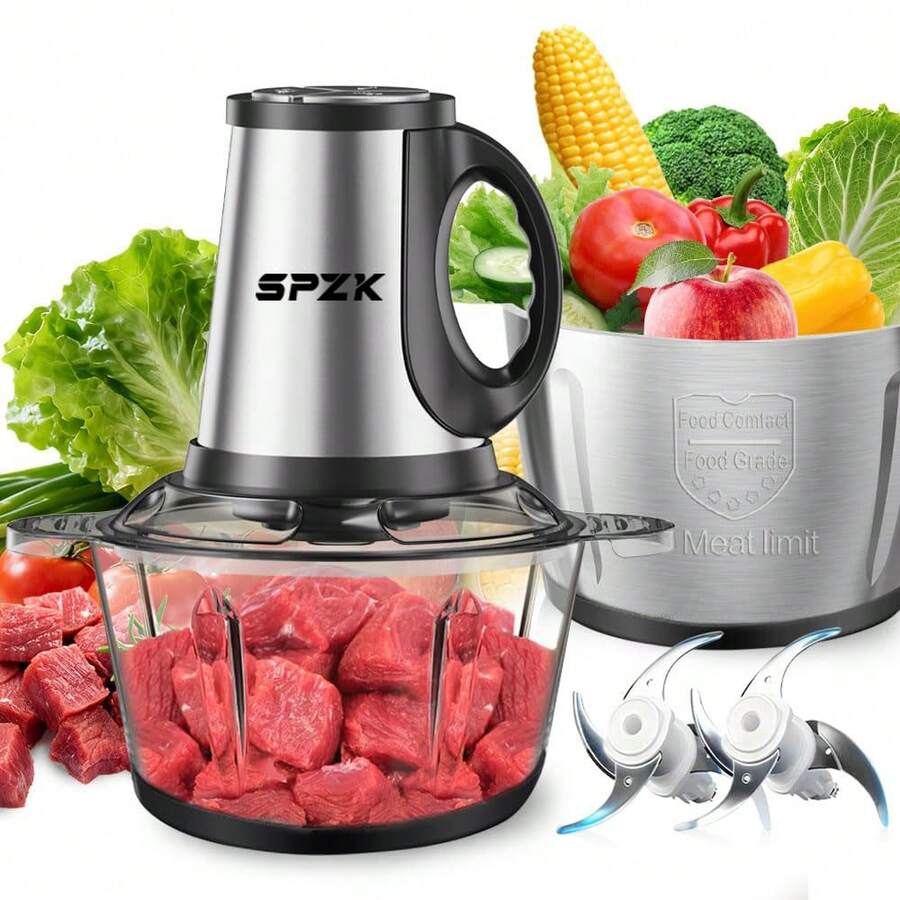SPZTJK Electric Meat Grinder Food Chopper With Two 8 Cup Bowls & 2 Bi-Level Blades, 6-Second Fast Meat Grinder, Household Function, Minced Vegetable Meat Grinder, Garlic Puree Complementary Food, Juice Noodles, One Machine, Can Come Into Contact With Food - 查看 1