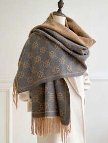 1条新款提花针织围巾，女士时尚秋冬保暖加厚披肩 - 卡其色 - 查看 2