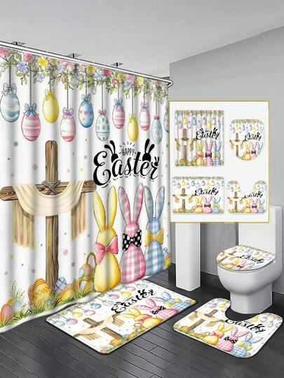 Easter Theme Shower Curtain Set - Colorful Easter Eggs, Rabbits And Floral Design, Includes Shower Curtain, Bath Mat, Toilet Lid Cover And Non-Slip Bathroom Mat, Adding Holiday Atmosphere And Cheerful Vitality To The Bathroom
