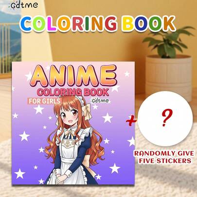 GDTME 24页可爱动漫女孩涂色书，简洁可爱的轮廓线，适合练习动漫人物涂色，缓解压力，适合作为生日/开学礼物，动漫迷文具，内含5张贴纸。