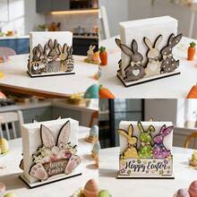 1/4 piezas Soporte vintage de madera para servilletas con diseño de conejo y letrero de "Felices Pascuas", adecuado para decoración de cocina de estilo granja en primavera, estantería para toallas de papel, centro de mesa estacional - Multicolor - Ver 8