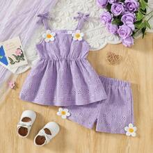 Set 2 buc. pentru fete mici, top cu broderie florală, scobit din buzunar, și pantaloni scurți de culoare uni, ținută de vacanță și casual - Mov Mov - Vizualizare 2