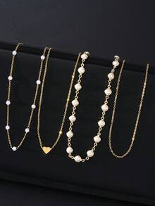 4 peças/2 peças Conjunto de Colar Vintage Elegante de Moda Francesa Romântica Retrô, Estilo Moeda, Multi-Elemento Assimétrico, Gota D'água Falsa de Pérola, Coração Redondo Esculpido, Letra Oca, Corrente Oca, Colar Personalizado Doce Y2K Luxuoso Gargantilha Corrente da Clavícula, Adequado para Mulheres, Adequado para Uso Anual, Férias, Festa, Casamento, Uso Diário - Multicolorido - Visão 6