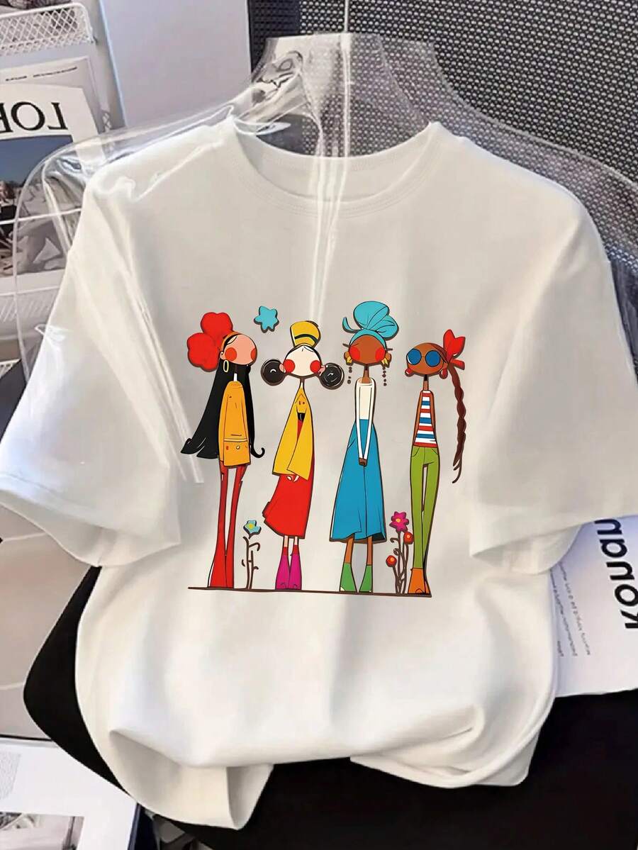 大码女式休闲四色图案圆领短袖T恤，红黄蓝绿四色拼接，适合春季、夏季、秋季、情人节/返校季、夏季、夏季度假穿着，夏季女式上衣 - 白色 - 查看 1