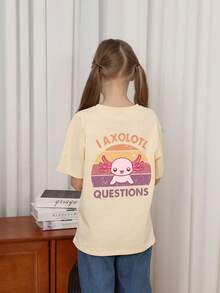 Young Girl Casual Graphic Print Crew Neck Short Sleeve T-Shirt, Summer Top - Apricot - View 2
