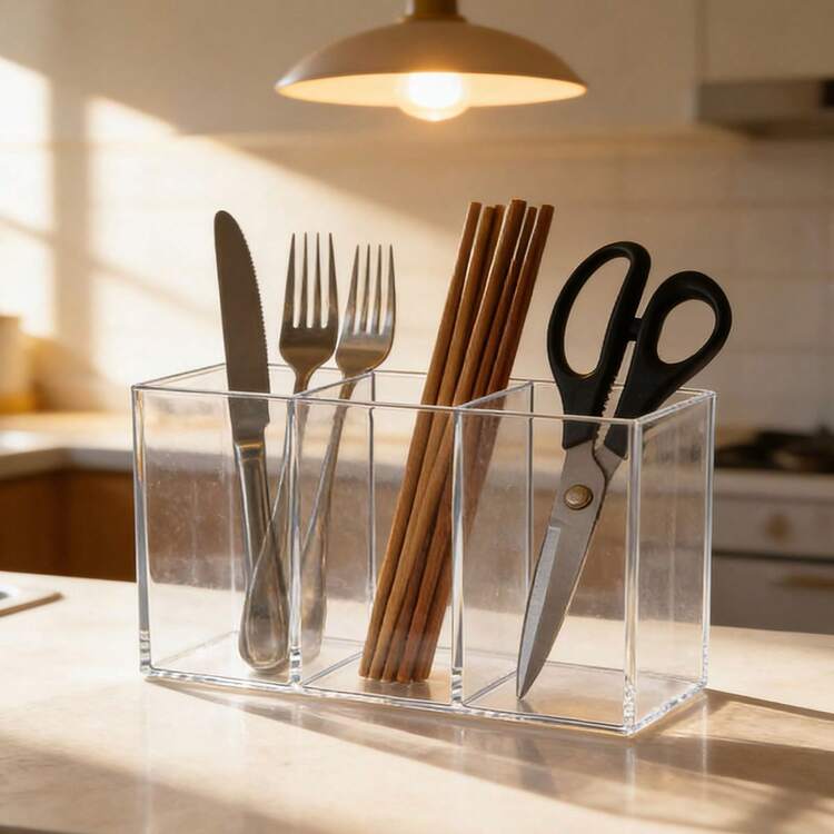 1 pieza Caja de almacenamiento multifuncional de 3 compartimentos - Soporte para utensilios de cocina para tenedores, cuchillos, cucharas y cubiertos - Organizador de brochas de maquillaje, organizador de escritorio para artículos pequeños, solución de almacenamiento ligera para encimera - Multicolor - Añade 8