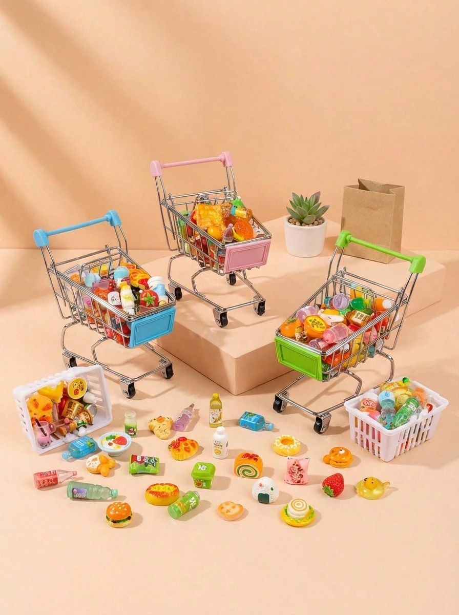 POKOJA LAND Xe đẩy mua sắm mini mô phỏng nhà búp bê, kèm đồ ăn và phụ kiện đồ chơi - Khung 4 bánh chắc chắn, giỏ mua sắm mở và ngăn chứa đồ phía dưới, phối màu (Hồng/Xanh lá cây/Xanh dương), thích hợp cho trò chơi nhập vai, trang trí nhà búp bê và các bữa tiệc theo chủ đề - Tương thích với búp bê và tượng nhỏ - Bao gồm thực phẩm mini và đồ ăn đồ chơi, bánh xe chắc chắn giúp di chuyển dễ dàng, thiết kế nhỏ gọn và tiện dụng khơi gợi trí tưởng tượng khi chơi.