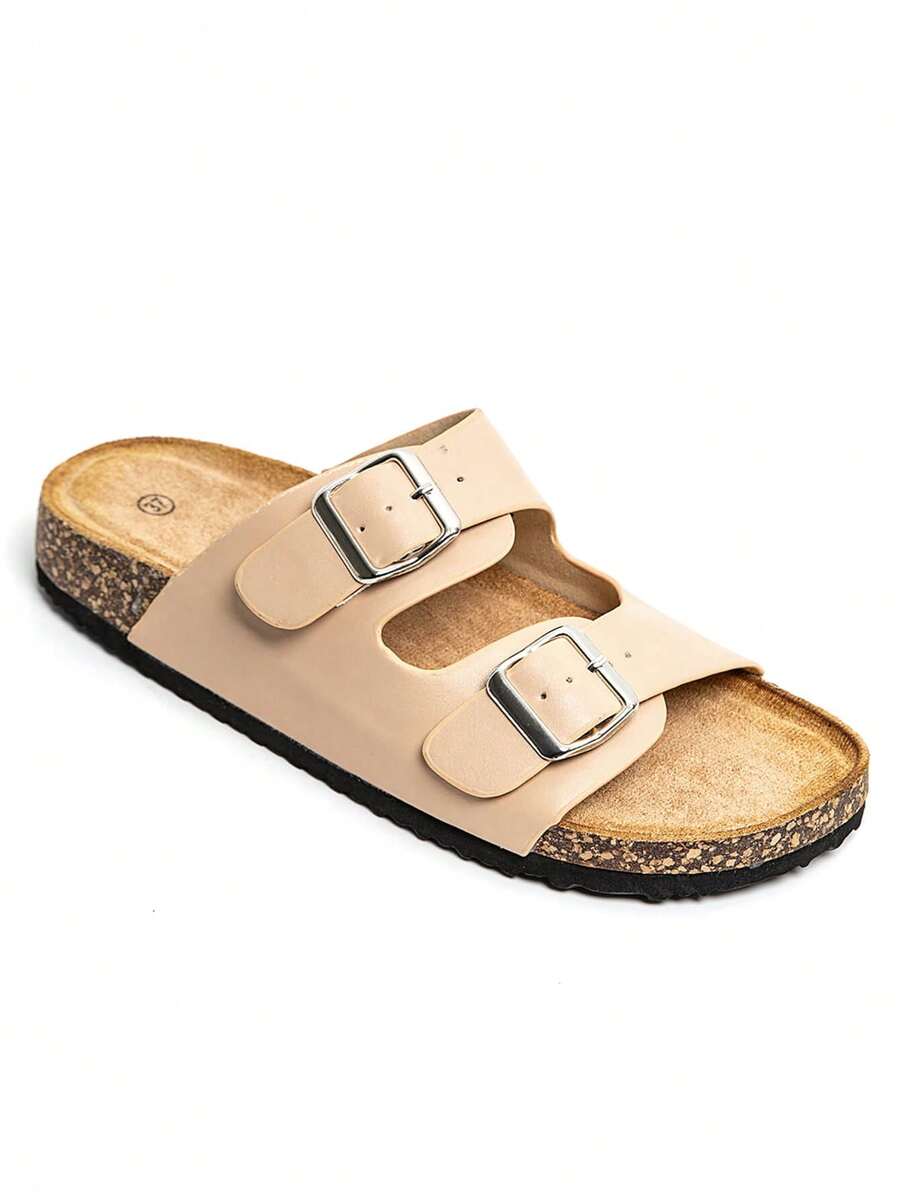 Sandal đế bằng với quai kép và khóa cài – Thoải mái hàng ngày và phong cách tối giản. - Màu be - Xem 1